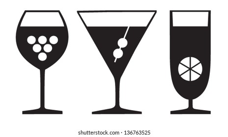 Glasses of drinks, black and white vector illustration.