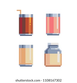 Glasses with drinks and coffee, a jar with milk isolated vector illustration. Pixel art icon set. 8-bit sprite. Design stickers, logo, mobile app.