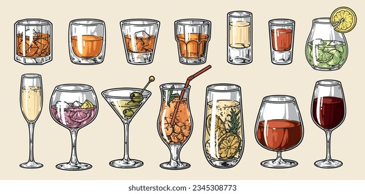 Gafas bebidas emblema conjunto colorido con bebidas fuertes y no alcohólicas en barware transparente de diversas formas ilustraciones vectoriales