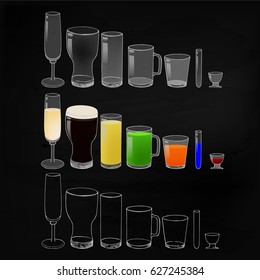 Glasses with drinks and empty glasses on chalk board. Outline and flat glasses collection.