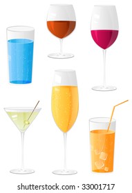 Glasses for drinks icon collection. Include fizzy water glassful, brandy, red wine, martini, champagne and juice with ice cube glasses
