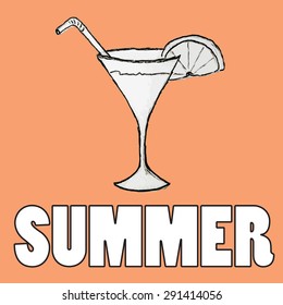 Glasses with drinks icons. Summer symbols for design and backgrounds. Happy vintage image of summertime. Illustrations of topics of vacation and travel.