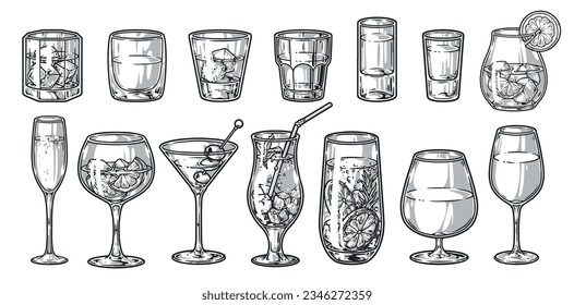 Glasses drinks monochrome set label with different shaped barware filled with sparkling wine and whiskey or mojito vector illustration