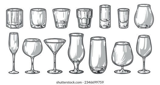 Glasses drinks set sticker monochrome with assortment of transparent barware for alcoholic beverages and lemonades vector illustration