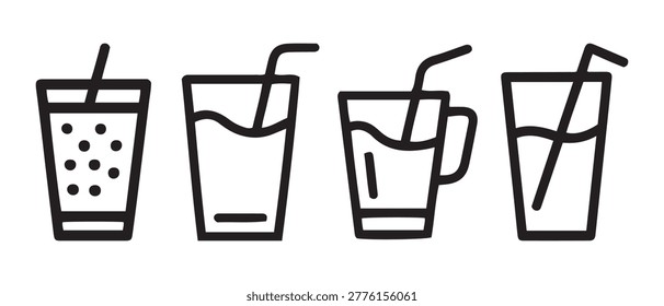 Glasses with drinks and straws, flat design, simple icons.