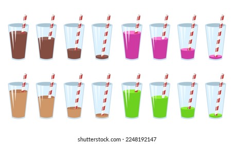 Glasses with drinks and straws vector illustrations set. Collection of cartoon drawings of glasses with different levels of brown, pink, green liquid isolated on white background. Beverage concept