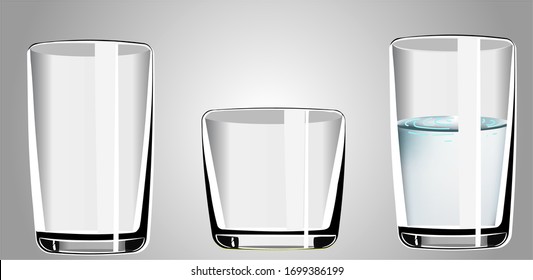  los vasos están vacíos y con agua en un fondo aislado.  vector realista.   