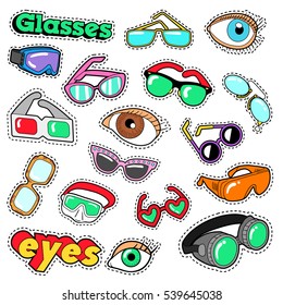 Glasses and Eyes Decorative Elements for Scrapbook, Stickers, Patches, Badges. Vector Doodle