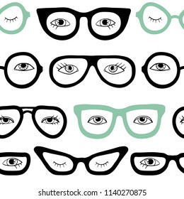 Glasses and eyes seamless pattern. Hand drawn flat sketch style vector background.  Texture with doodle eye, eyelash, different glasses types hipster, retro, vintage, modern, classic. 