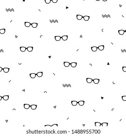 Glasses eyes seamless pattern on white background and geometric shapes in memphis style. Eyeglasses. Vector illustration. Fashion background in minimal design.