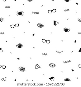 Glasses eyes seamless pattern on white background and geometric shapes in memphis style. Eyeglasses. Vector illustration. Fashion background in minimal design.