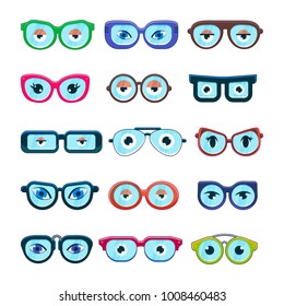 Glasses with eyes vector cartoon eyeglass frame or sunglasses in shapes and accessories for hipsters fashion optical framing spectacles eyesight view set illustration isolated on white background