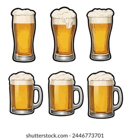 Glasses Filled With Foamy Beer, Stickers, Isolated On White Background