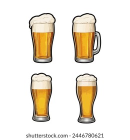 Glasses Filled With Foamy Beer, Stickers, Isolated On White Background