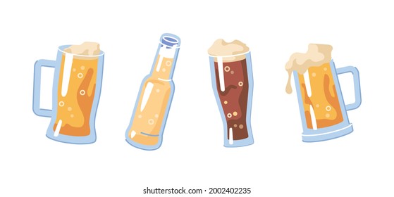 Gläser gefüllt mit hellen oder dunklen Biergetränken, isoliert erfrischendes Getränk mit Frost. Bubble blass oder Lager. Alkohol und Stiefel, Beifall und Feiern in Bars oder Pub. Flachkartographie-Vektorgrafik