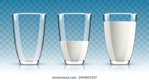 Vasos llenos de leche de diferentes maneras. Ilustración vectorial