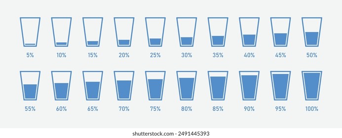 Glasses filled with water to percentage. It can be used to show the water fill level in dams and lakes. Water and liquid level in Percentage. Vector illustration.
