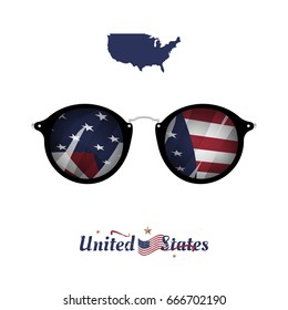 Glasses with a flag and a map of america on a white background. Flat vector illustration EPS10.