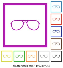 Glasses flat color icons in square frames on white background