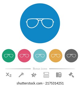 Glasses flat white icons on round color backgrounds. 6 bonus icons included.