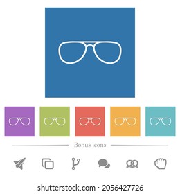 Glasses flat white icons in square backgrounds. 6 bonus icons included.