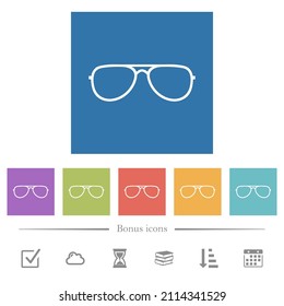 Glasses flat white icons in square backgrounds. 6 bonus icons included.