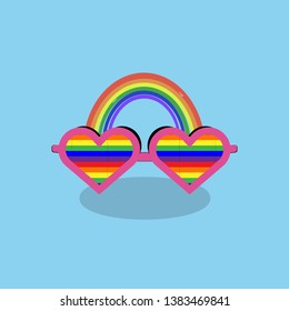 Glasses in the form of hearts of the lgbt flag on a blue background. 6 colors rainbow in the background. Vector illustration.