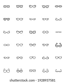 Glasses frame line icons set. Eyeglasses shapes linear style symbols collection, sunglasses outline signs pack. Summer eyewear vector graphics. Set includes icons - stylish spectacles, optical glasses