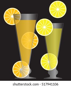 Glasses with fresh cocktails with lemon and orange slices on black background.
