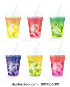 Glasses of fresh fruit juices from fruit. Sweet smoothies, iced tea. Cocktail in a glass with a straw on white background. Vector illustration