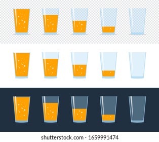 Glasses with fresh sparkling orange or carrot juice. Set of flat icons isolated on white, checkered and dark backgrounds. Orange color liquid in transparent containers. Vector EPS10 illustration.