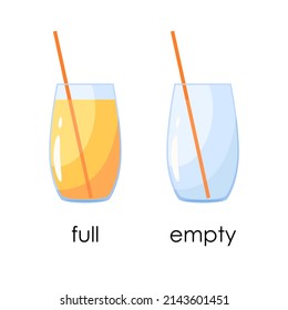 Glasses with fresh sparkling orange or carrot juice. Set of flat icons isolated on checkered background. Yellow liquid in a transparent container. Stylized vector illustration. The meaning of language