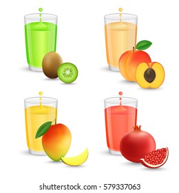 Glasses with fruit juice. Kiwi, peach, mango, pomegranate