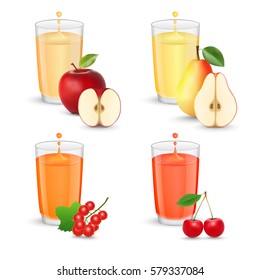 Glasses with fruit juice. Red apple, pear, red currant, cherry