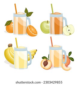 Glasses of fruit juice set isolated on white background. Orange, green apple, banana, peach. Vector illustration