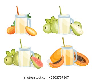 Glasses of fruit juice set isolated on white background. Mango, guava, papaya milkshakes. Vector illustration