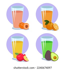 Gafas de ilustraciones vectoriales de jugo de fruta. Dibujos de dibujos animados de copas de vidrio de bebidas refrescantes con albaricoque, naranja, manzana, sabores de aguacate sobre fondo blanco. Verano, concepto de bebida