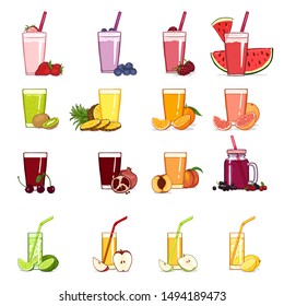 Glasses with Fruits and Berries Juice. Vector Set of Cartoon Illustrations.