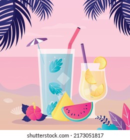 Glasses full of refreshing drinks with pieces of fruit and ice. Cooling tropical cocktails for summer holidays. Exotic drinks on background of ocean. Summertime lemonades. Flat vector illustration