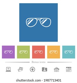 Glasses with glosses flat white icons in square backgrounds. 6 bonus icons included.
