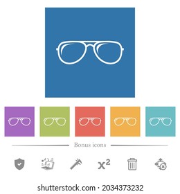 Glasses with glosses flat white icons in square backgrounds. 6 bonus icons included.