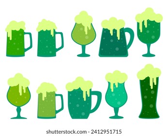 Icono de gafas de cerveza verde aislado en fondo blanco. Cerveza con espuma en vasos de varias formas y en un tallo. Cervezas y gafas de cerveza para el Día de San Patricio. Ilustración del vector