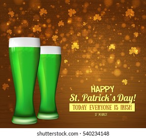 Glasses with green beer, trifolium clovers, bokeh and particles. Happy Saint Patrick's Day backdrop. Irish holiday. Vector illustration for greeting card, poster, banner