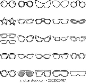Glasses Hand Drawn Doodle Line Art Outline Set Containing Glasses  sunglasses  eyeglasses  spectacles  Round  Oval  Boston Model  Square  Wellington Model  Flat Top
