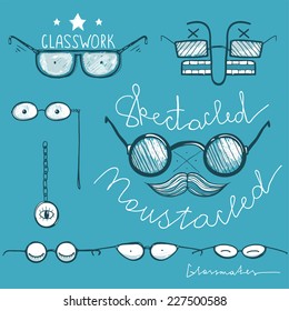 Glasses Hand Drawn Labels Collection. Vintage spectacles drawings and lettering. Vector EPS8