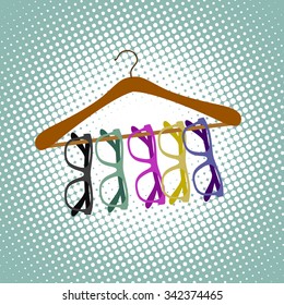 Glasses hanging on a hanger. Stock vector illustration.
