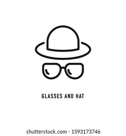 Glasses and hat in line style on white background. Vector sign