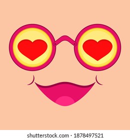 Glasses with hearts on face with a smile. Vector drawing in cartoon style. 