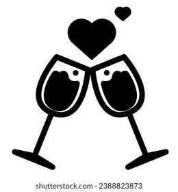 Glasses with hearts solid icon. Clinking romance champagne glasses illustration isolated on white. Two Wine Glasses with Love Hearts glyph style design, designed for web and app. Eps 10