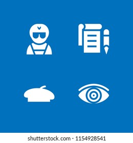 glasses icon. 4 glasses set with portrait, notepad, beret and vision vector icons for web and mobile app